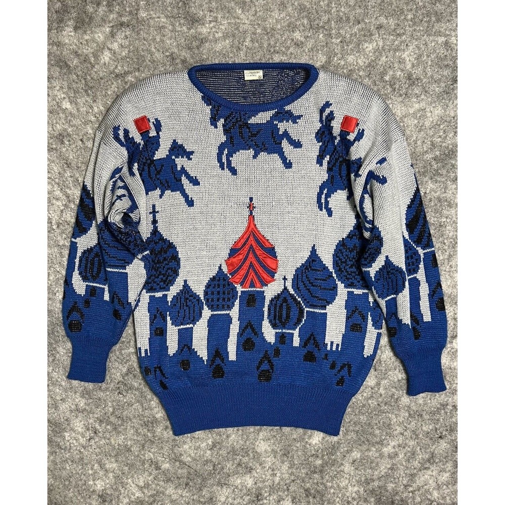 Vintage Sweater Women’s S Wool Blend Multicolor Cathedrals Horses